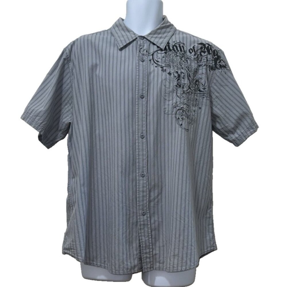 MK Machine Shirt Mens Button Up Black Graphic Short Sleeve Gray Stripes Mechanic